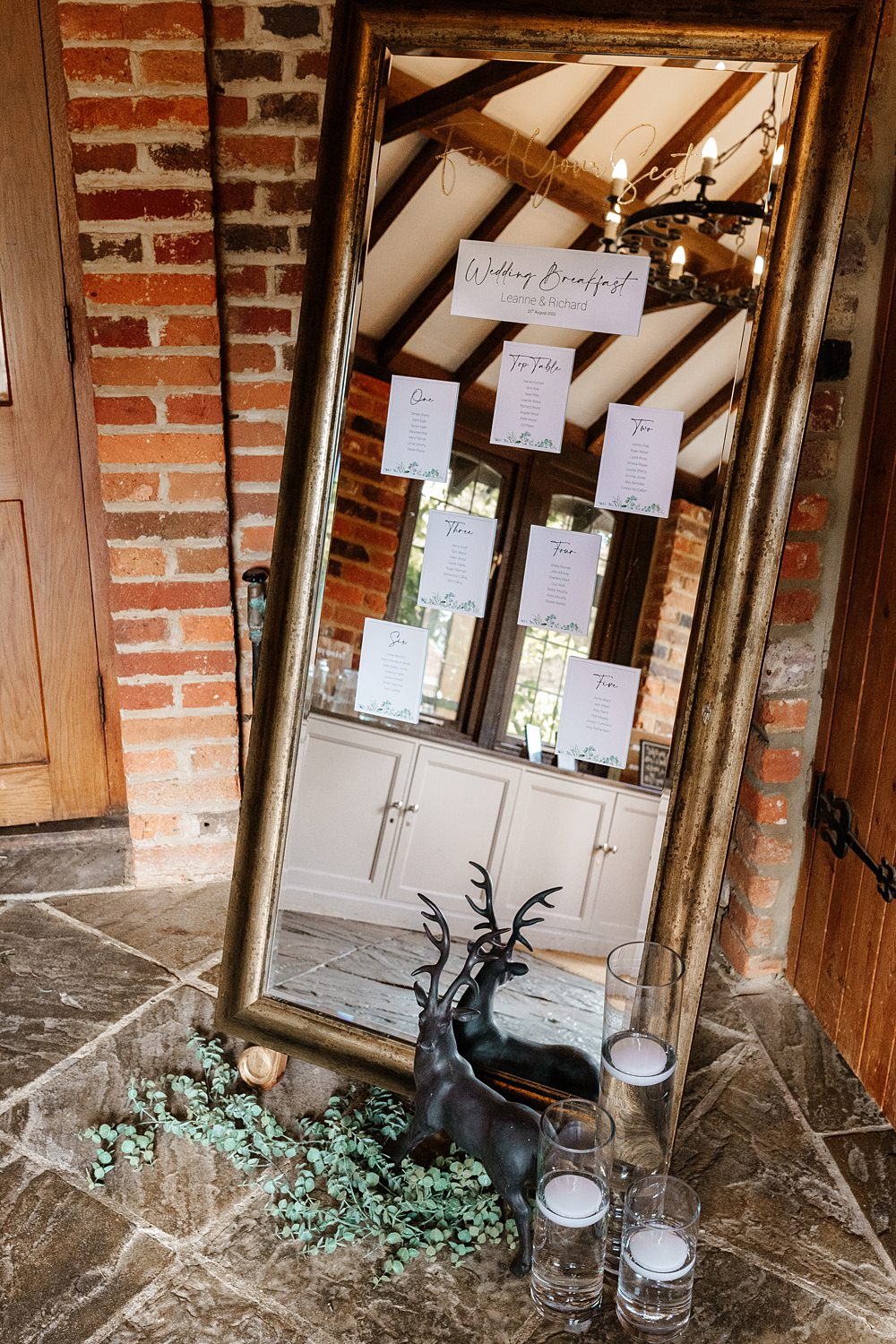 Gold Mirror Table Plan Lainston House Wedding Chloe Caldwell Photography