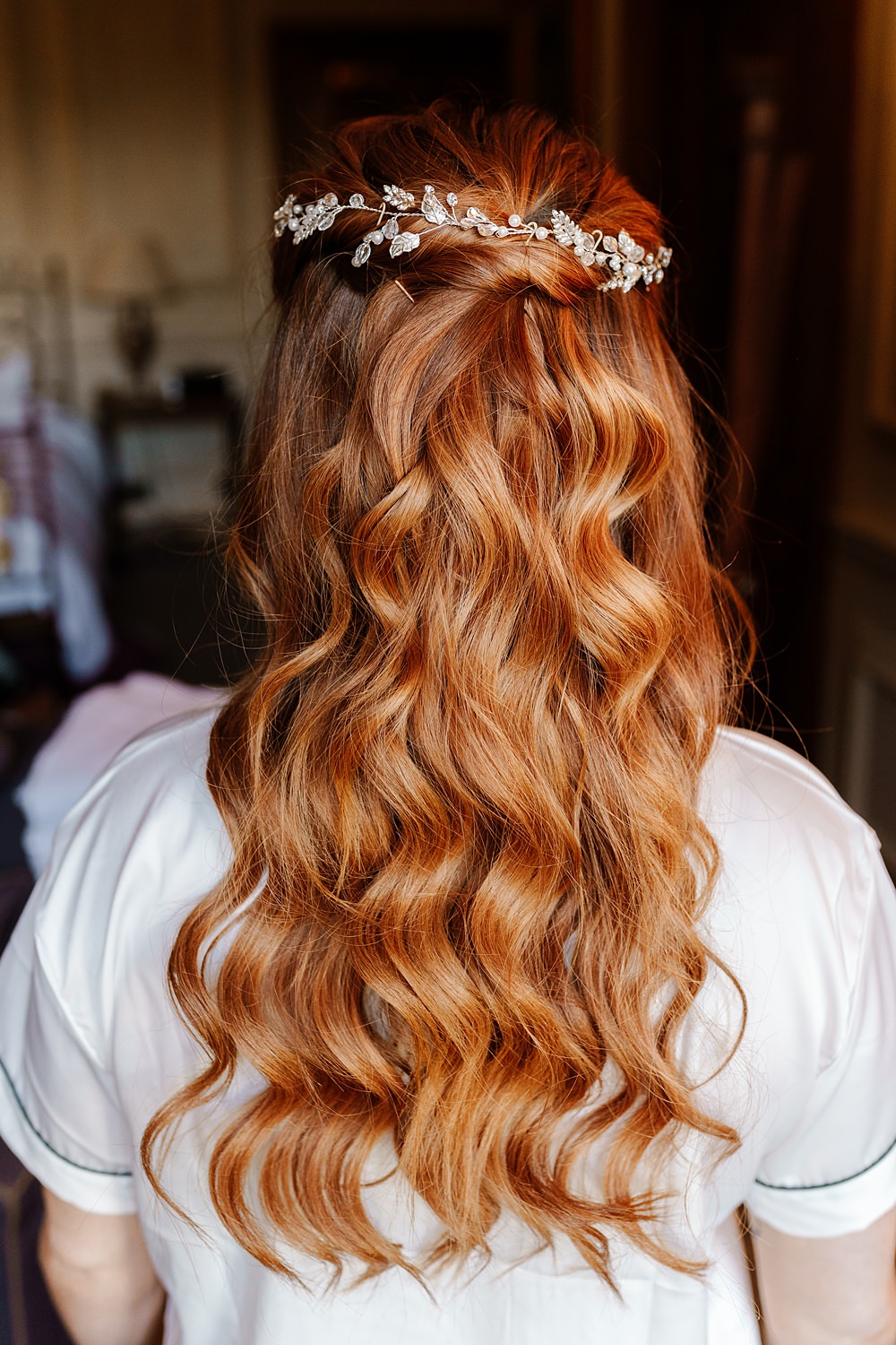 Bride Hairstyle Half Up Down Waves Flowers Lainston House Wedding Chloe Caldwell Photography