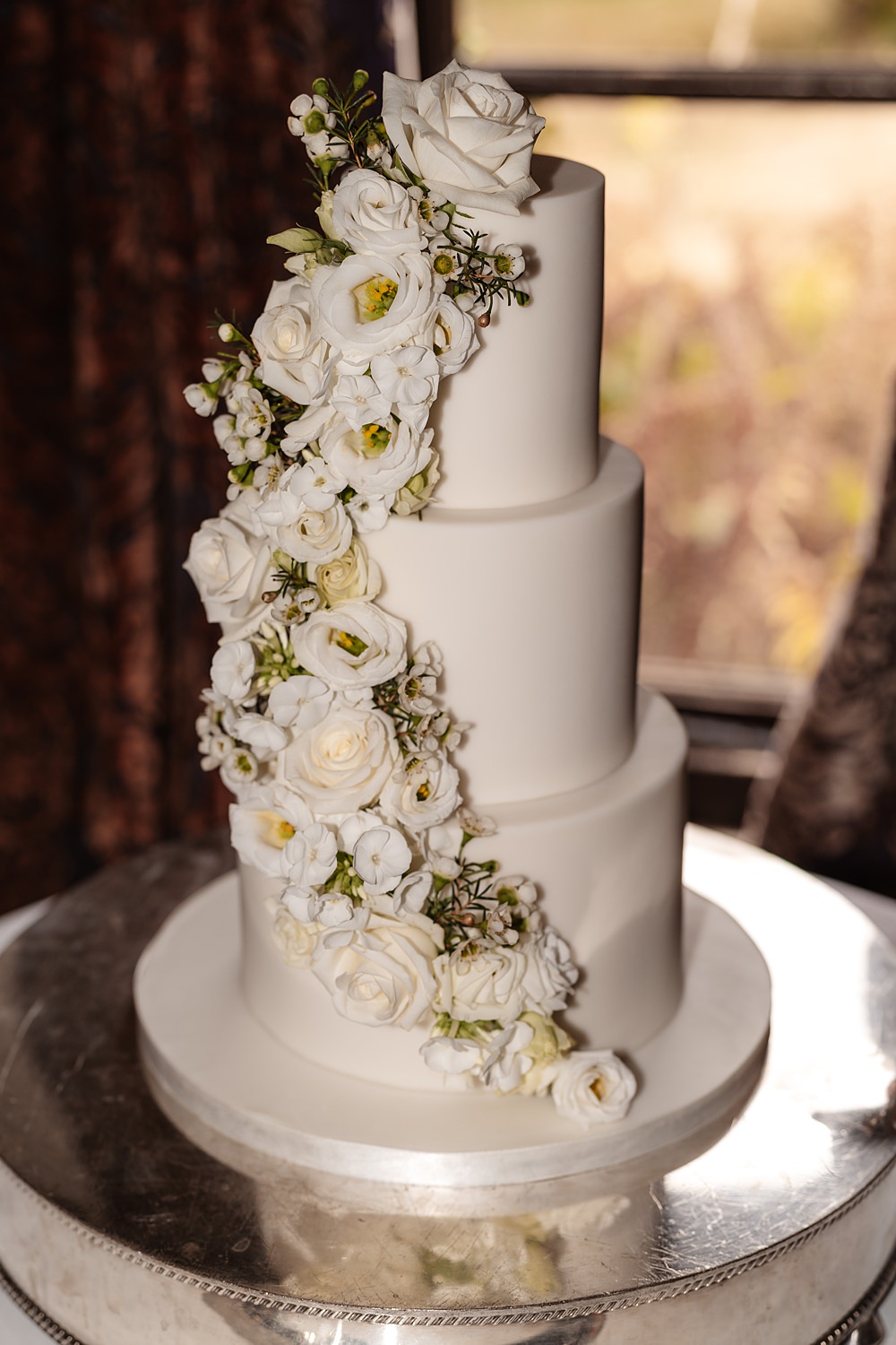 3 Tier White Cake Flowers Lainston House Wedding Chloe Caldwell Photography
