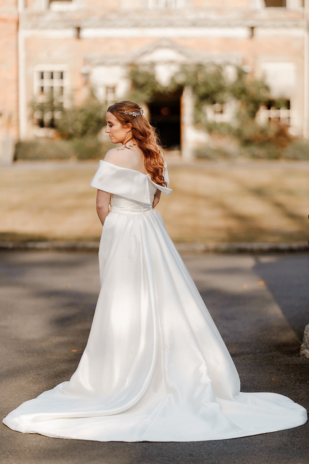 Dress Gown Bride Bridal Overskirt Off Shoulder Eva Lendel Lainston House Wedding Chloe Caldwell Photography