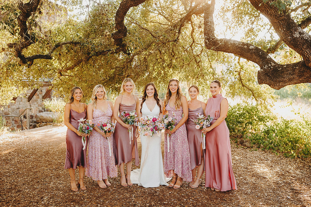 Pink Floral Satin Mismatched Bridesmaid Dresses Two Pair Photography