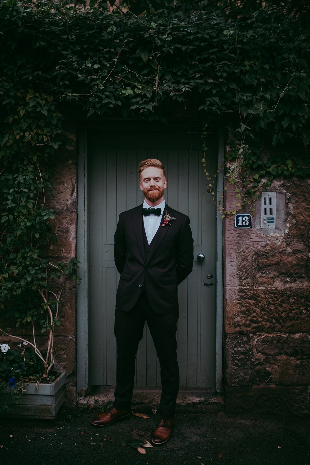 Groom Red Tuxedo Suit Bow Tie Oran Mor Wedding Pocket Square Photography