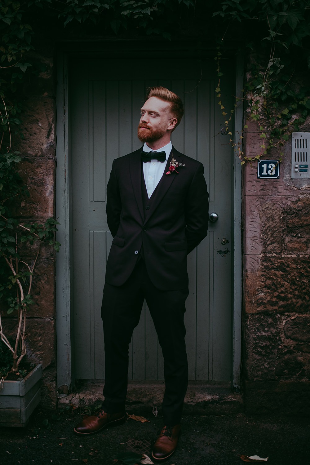 Groom Red Tuxedo Suit Bow Tie Oran Mor Wedding Pocket Square Photography