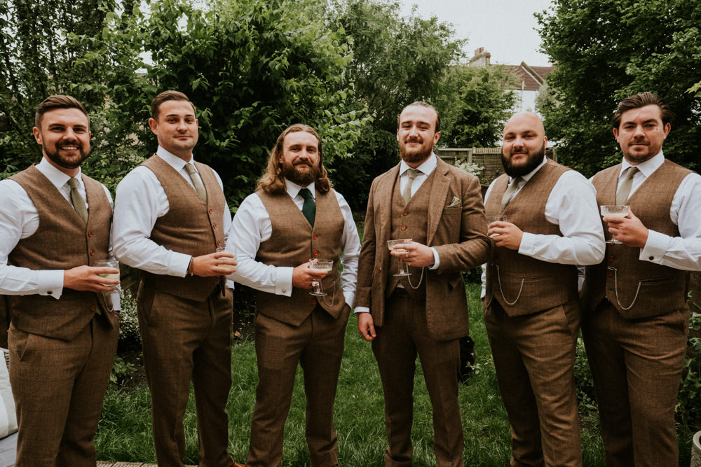 Small Woodland Wedding Joanna Nicole Photography Groom Groomsmen Brown Tweed Suits