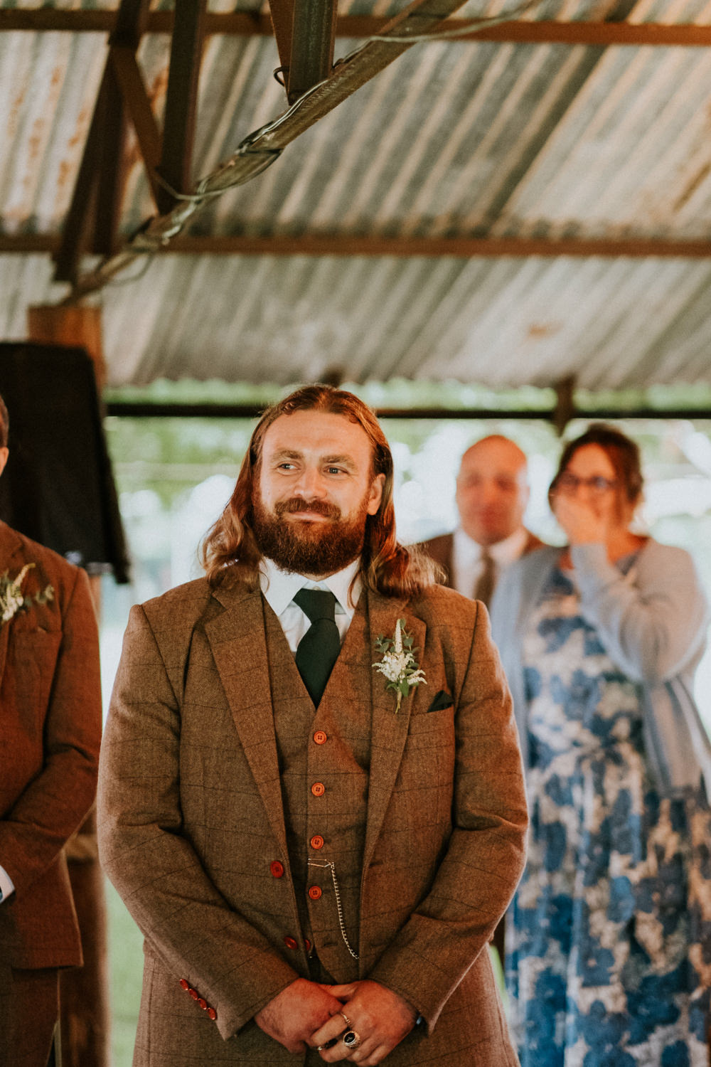 Groom Brown Tweed Suit Green Tie Small Woodland Wedding Joanna Nicole Photography