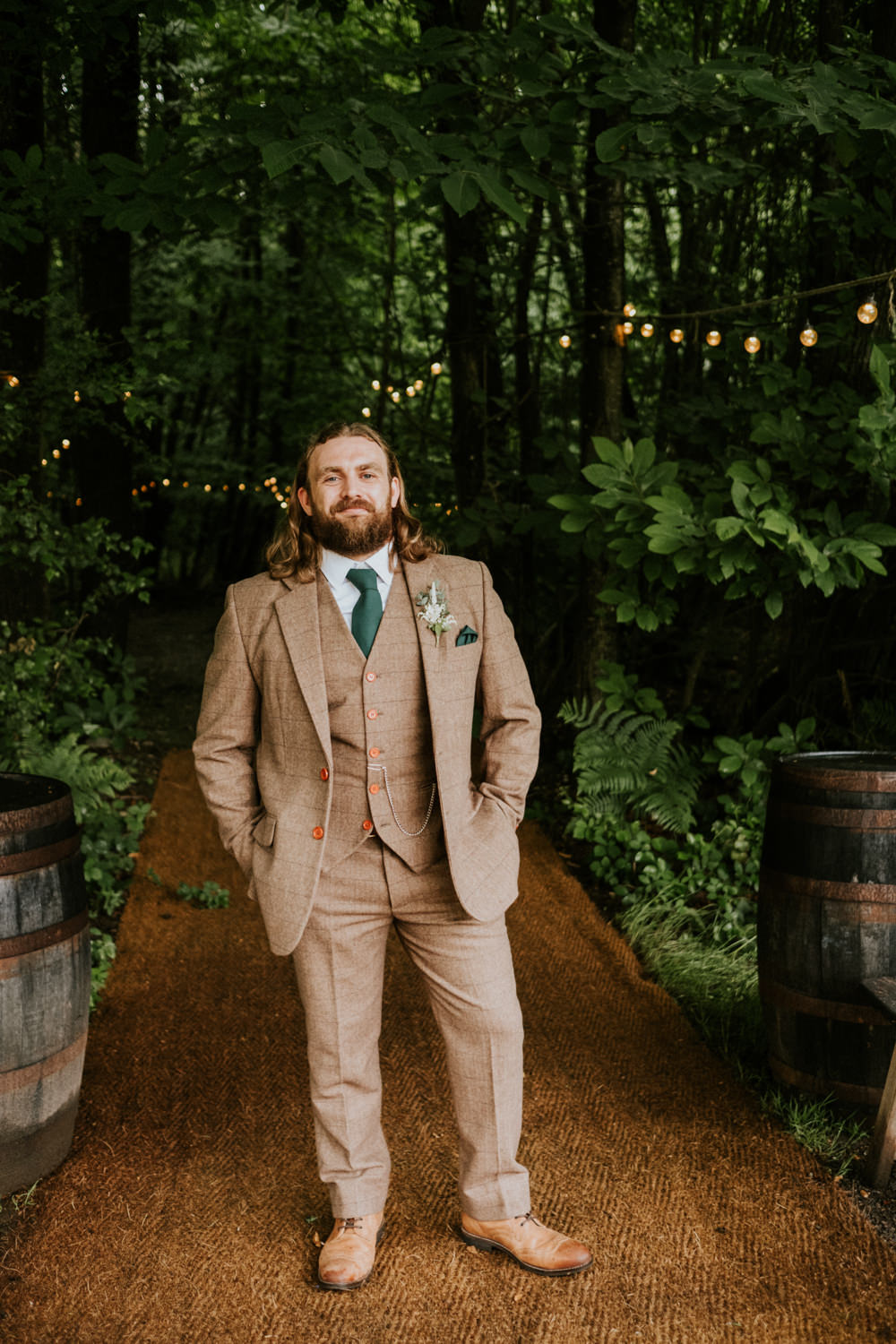 Groom Brown Tweed Suit Green Tie Small Woodland Wedding Joanna Nicole Photography