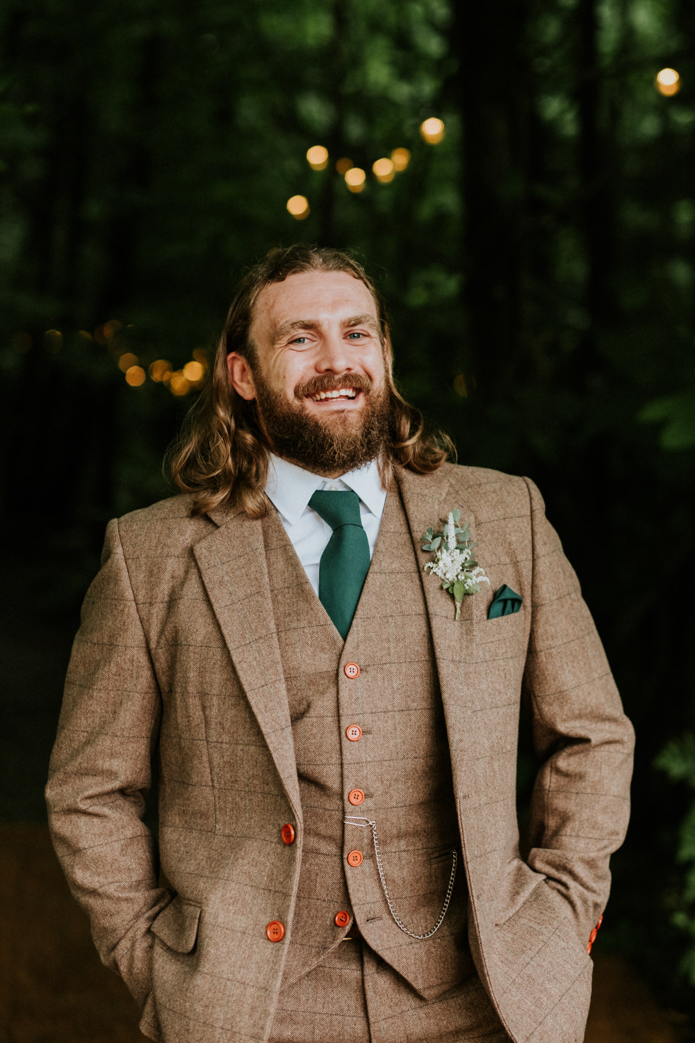Groom Brown Tweed Suit Green Tie Small Woodland Wedding Joanna Nicole Photography