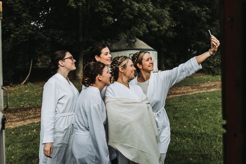 Bride Bridesmaid Selfie Yurt Village Wedding Mollie McAusland Photography