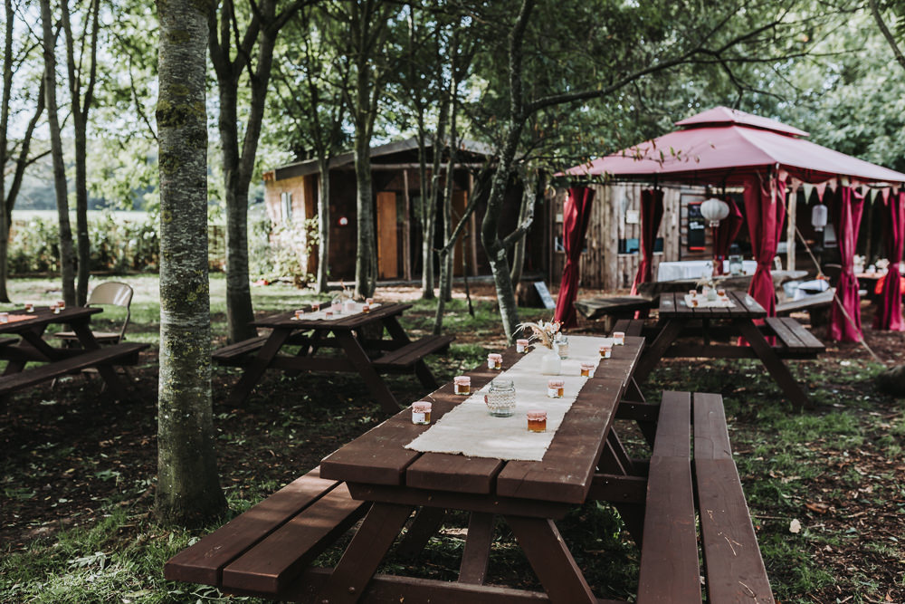 Picnic Table Reception Decor Yurt Village Wedding Mollie McAusland Photography