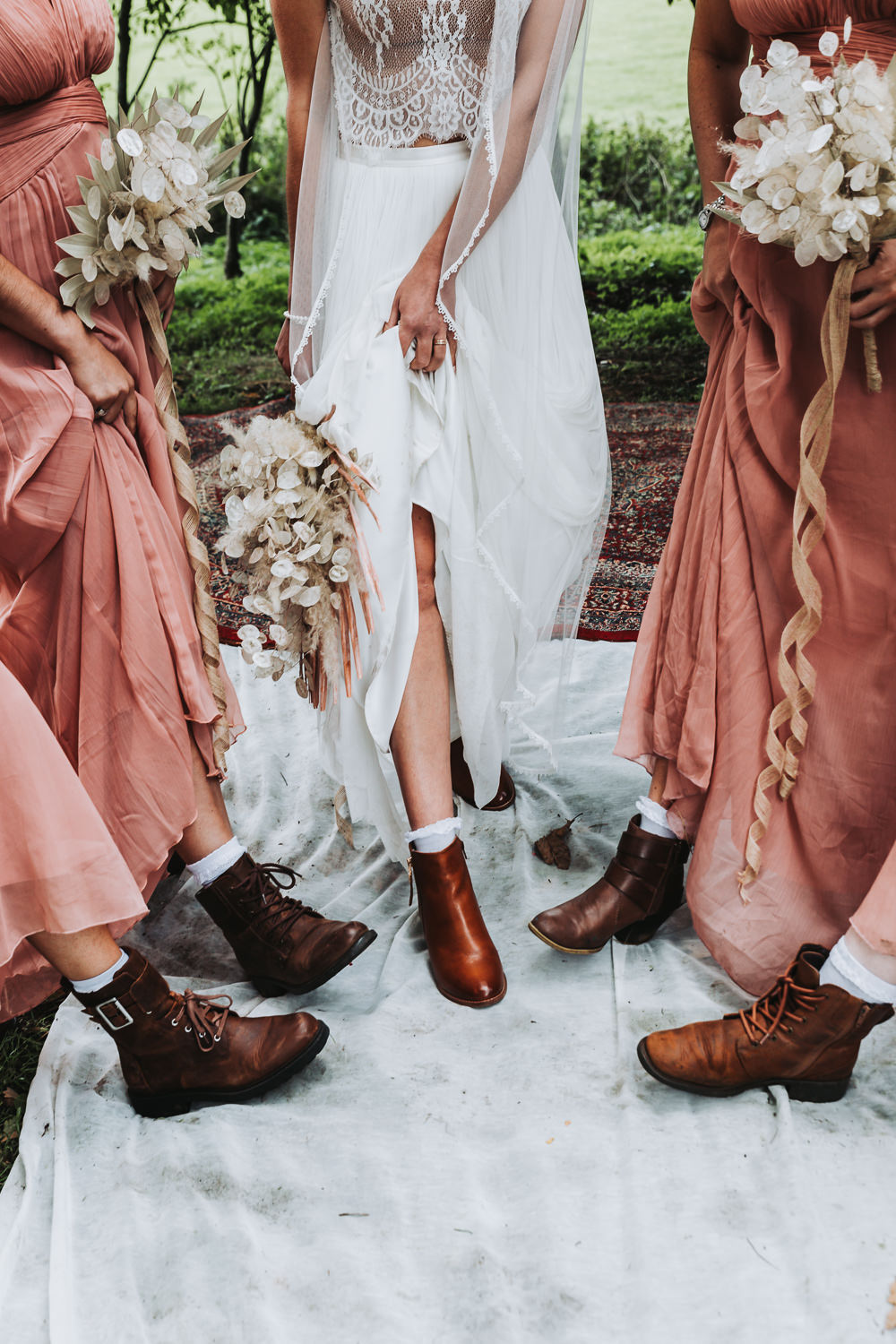 Pink Bridesmaid Dresses Brown Boots Bride Yurt Village Wedding Mollie McAusland Photography
