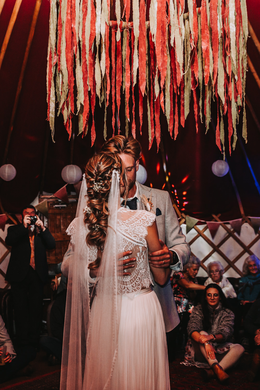Bridal Hairstyle Braid Plait Flowers Veil Yurt Village Wedding Mollie McAusland Photography