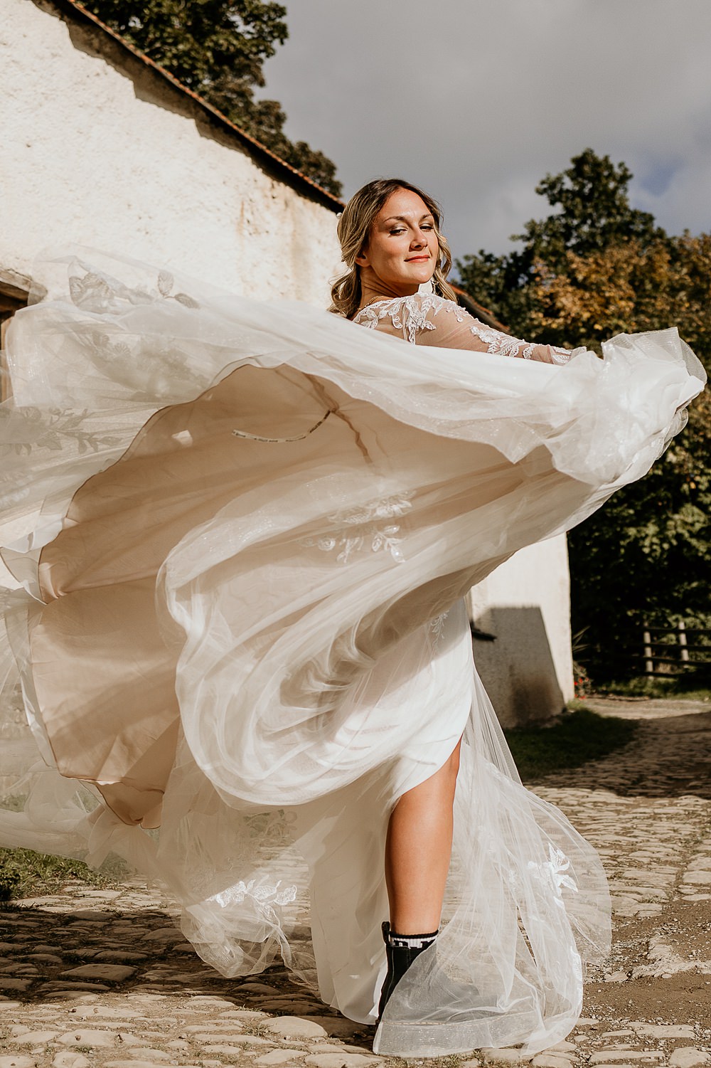 Dress Gown Bride Bridal Lace Long Sleeves Ashridge Great Barn Wedding Rockrose Photography