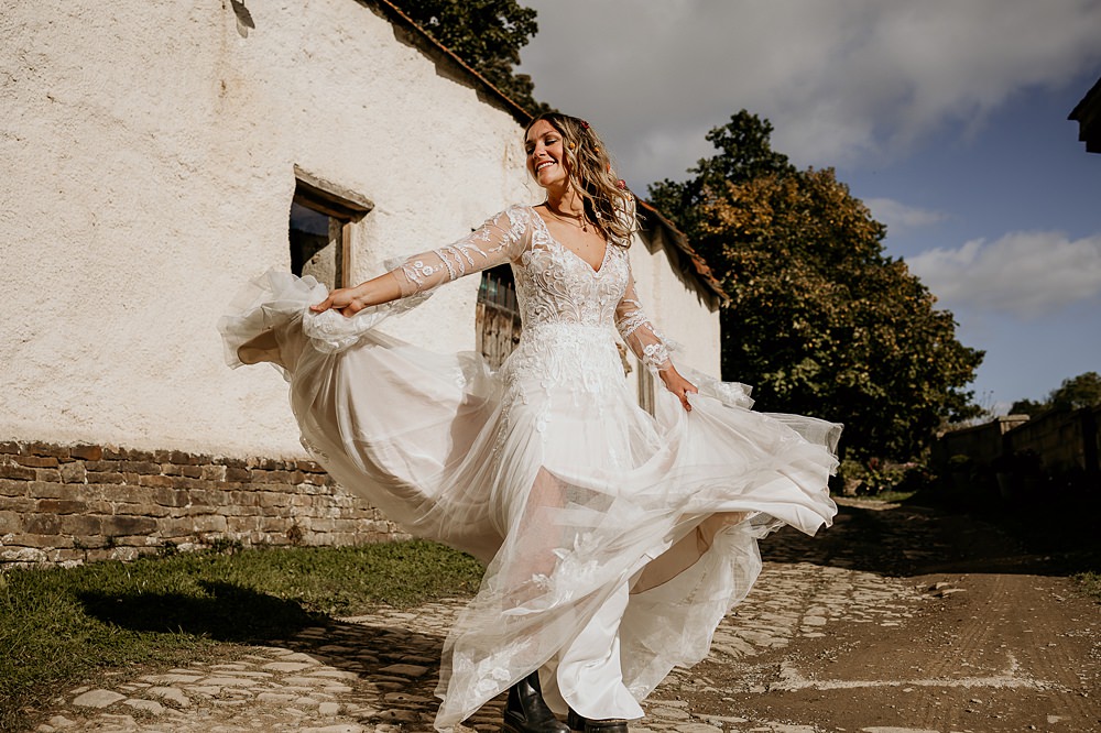 Dress Gown Bride Bridal Lace Long Sleeves Ashridge Great Barn Wedding Rockrose Photography
