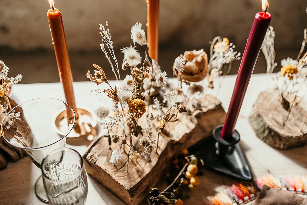 Decor Dried Flowers Wood Slices Candles Table Ashridge Great Barn Wedding Rockrose Photography