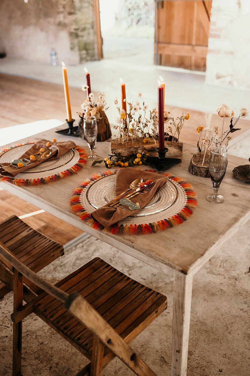 Decor Dried Flowers Wood Slices Candles Table Ashridge Great Barn Wedding Rockrose Photography