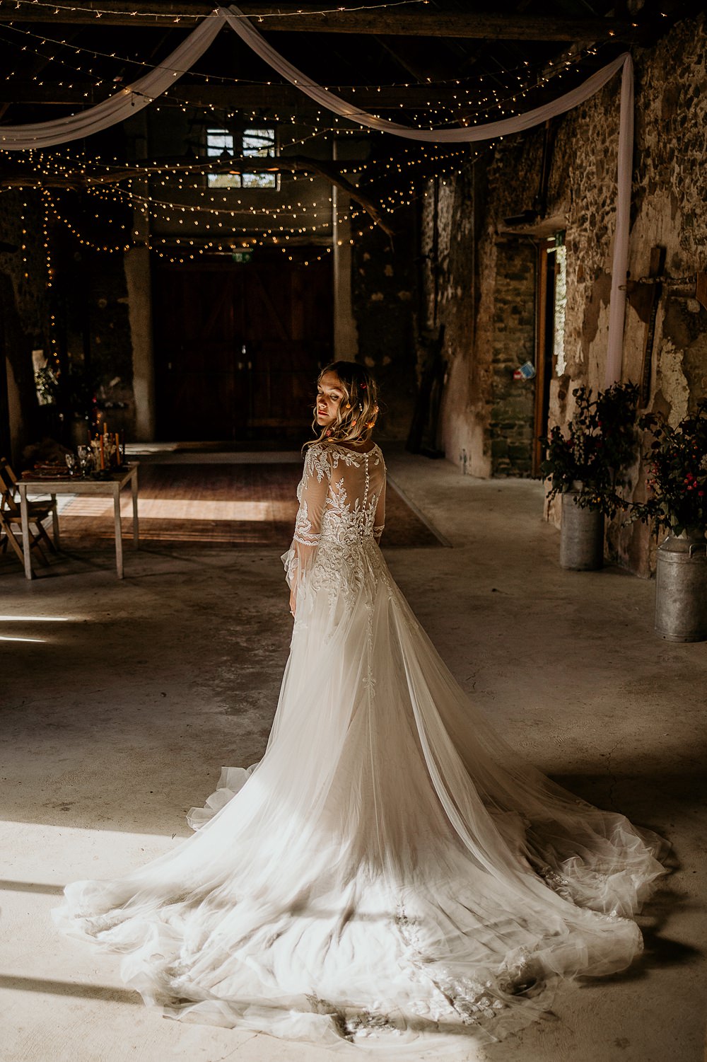 Dress Gown Bride Bridal Lace Long Sleeves Ashridge Great Barn Wedding Rockrose Photography