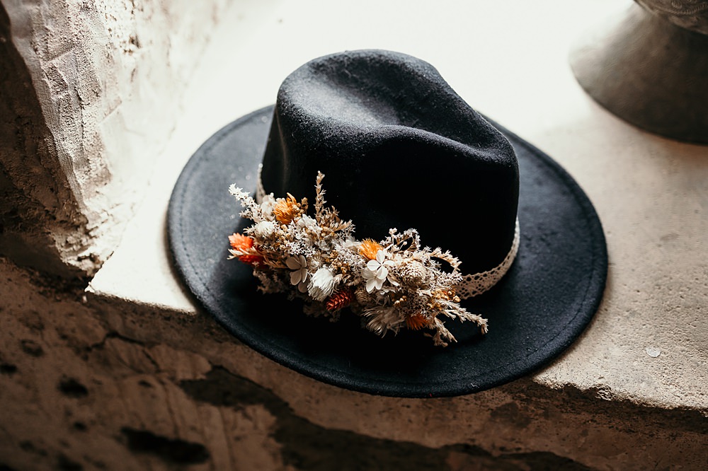 Bridal Fedora Hat Flowers Ashridge Great Barn Wedding Rockrose Photography