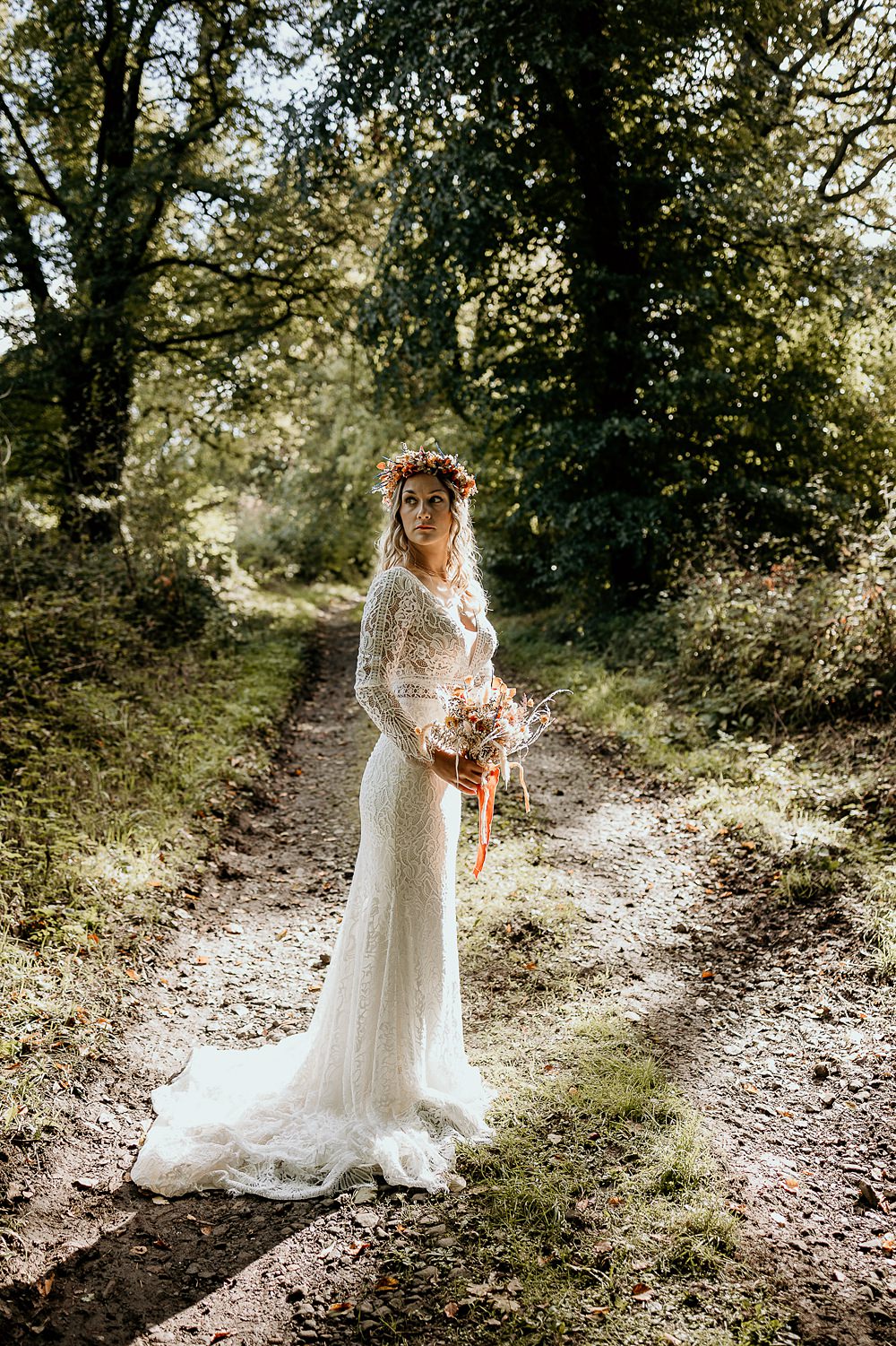 Dress Gown Bride Bridal Lace Long Sleeves Ashridge Great Barn Wedding Rockrose Photography