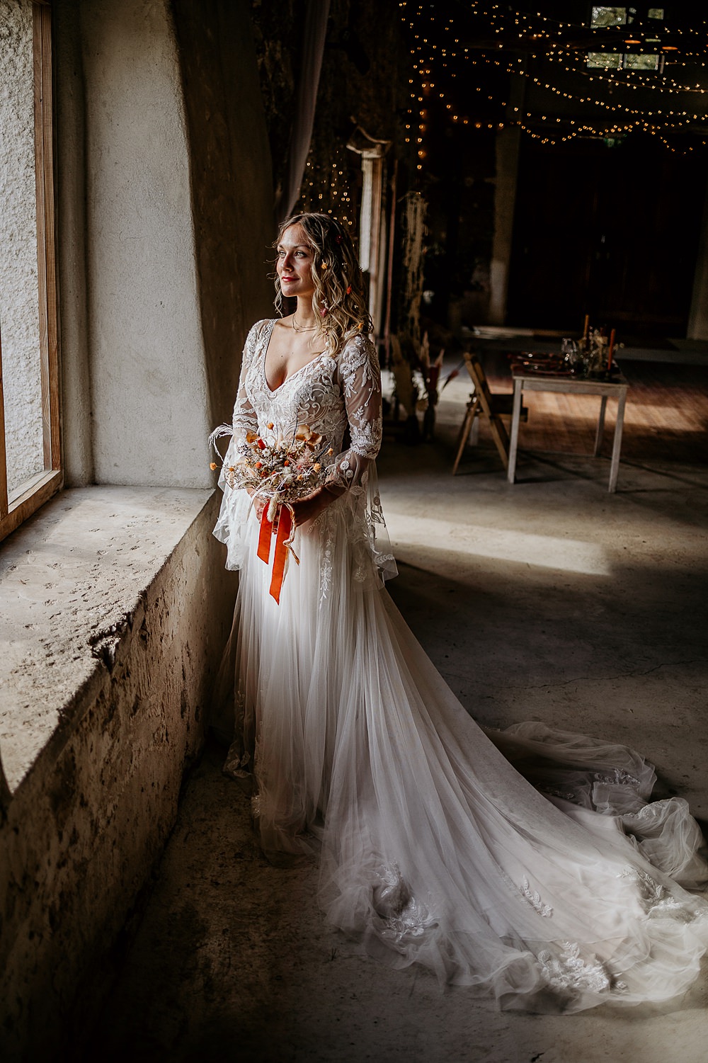 Dress Gown Bride Bridal Lace Long Sleeves Ashridge Great Barn Wedding Rockrose Photography