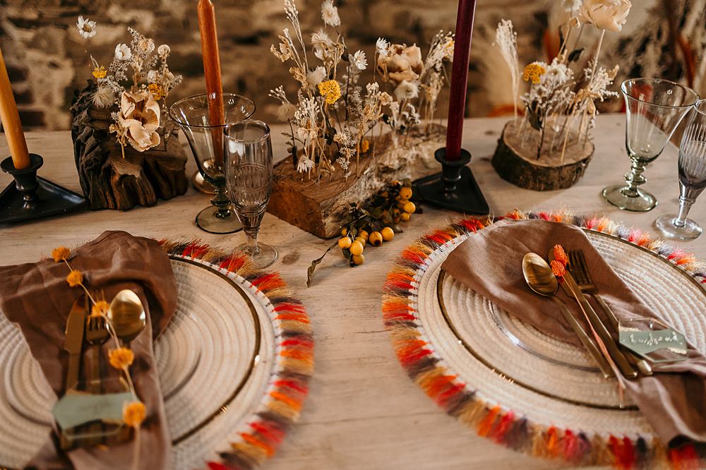 Decor Dried Flowers Wood Slices Candles Table Place Mats Ashridge Great Barn Wedding Rockrose Photography