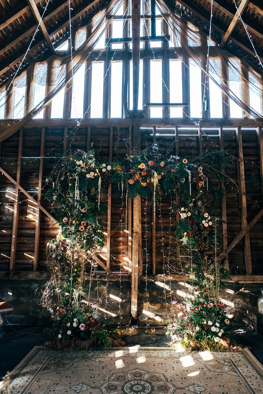 Flower Arch Barn Ceremony Decor Autumn Harvest Wedding Three Flowers Photography