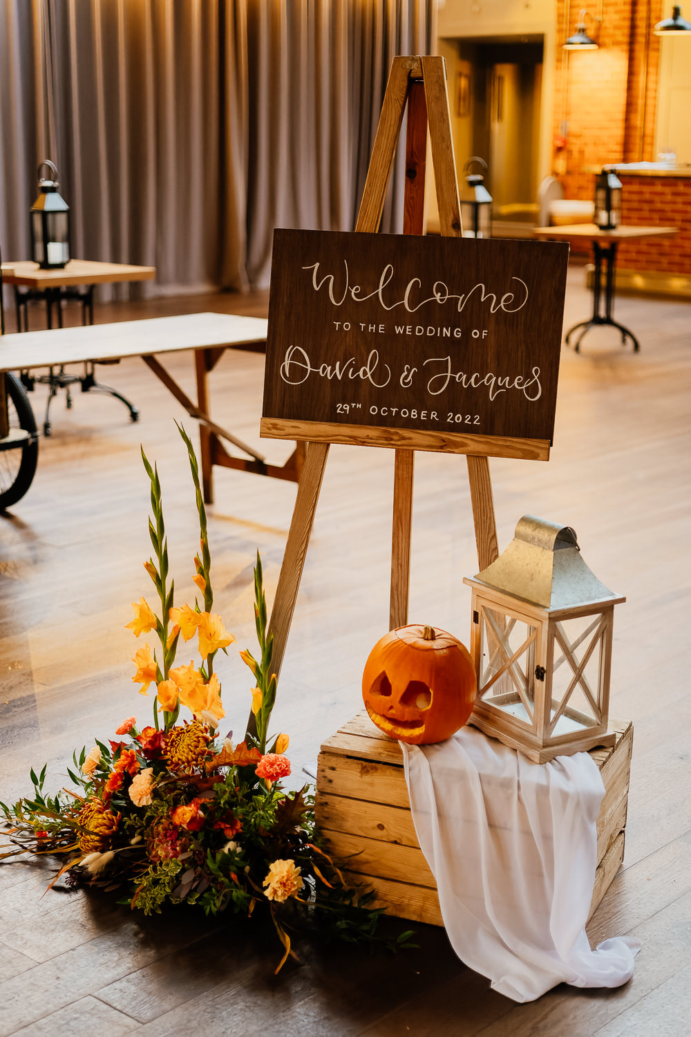 Autumnal Garden Wedding Jenna Kathleen Photographer Decor Wooden Welcome Sign Pumpkin