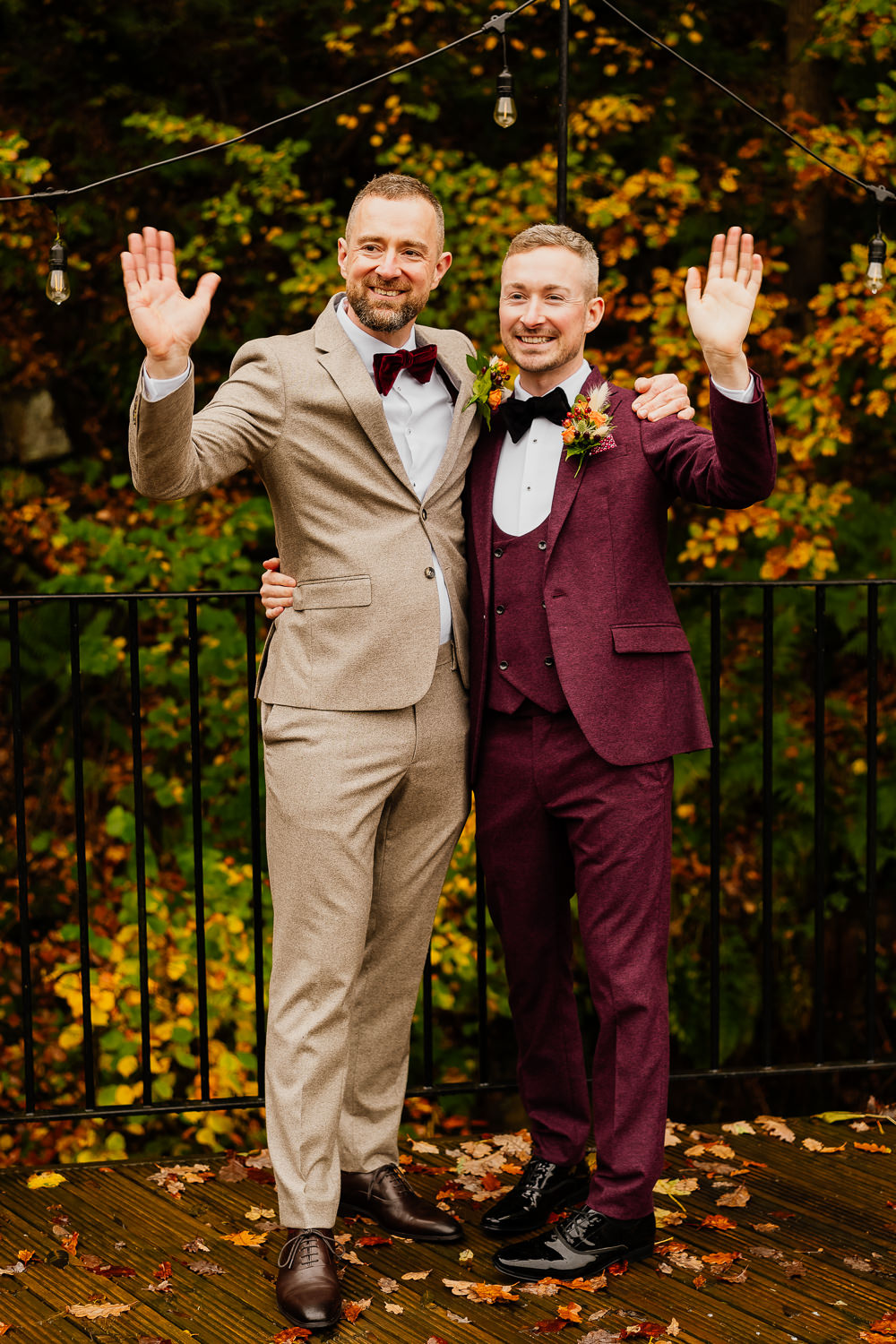 Groom Suit Burgundy Taupe Bow Tie Autumnal Garden Wedding Jenna Kathleen Photographer