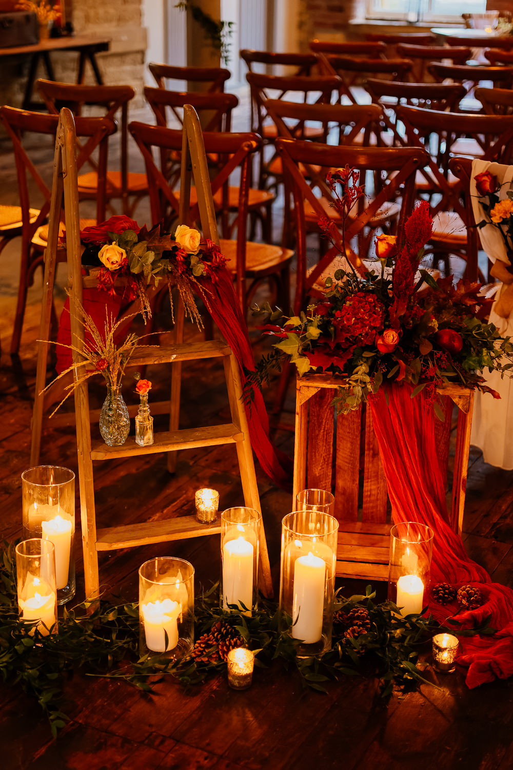 Wooden Ladder Decor Flowers Candles Autumnal Garden Wedding Jenna Kathleen Photographer