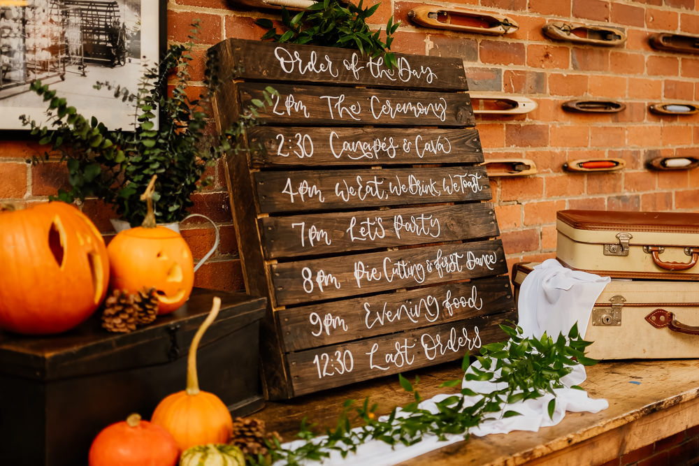 Decor Order Sign Pumpkins Autumnal Garden Wedding Jenna Kathleen Photographer