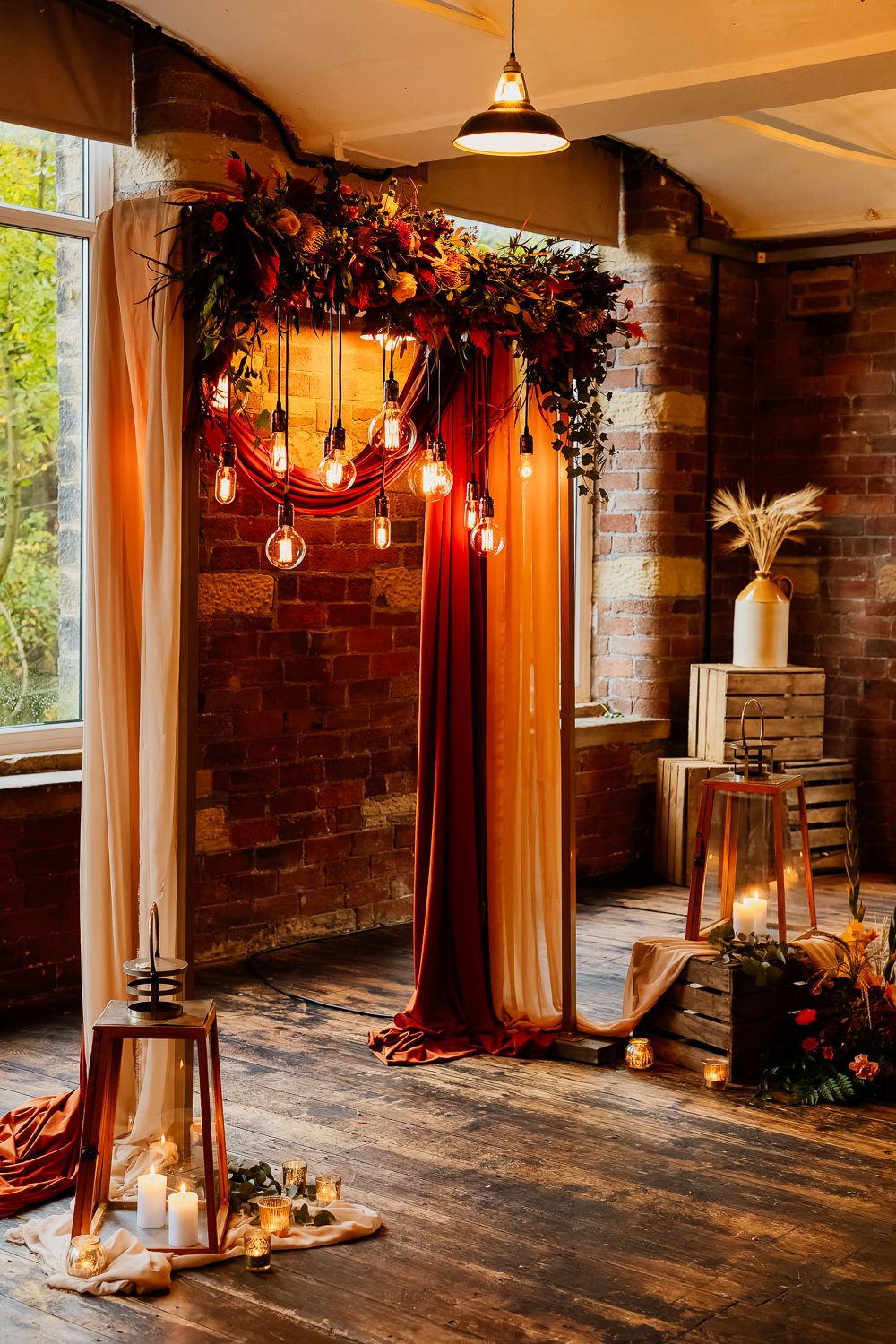 Backdrop Flowers Drapes Edison Suspended Lights Decor Autumnal Garden Wedding Jenna Kathleen Photographer