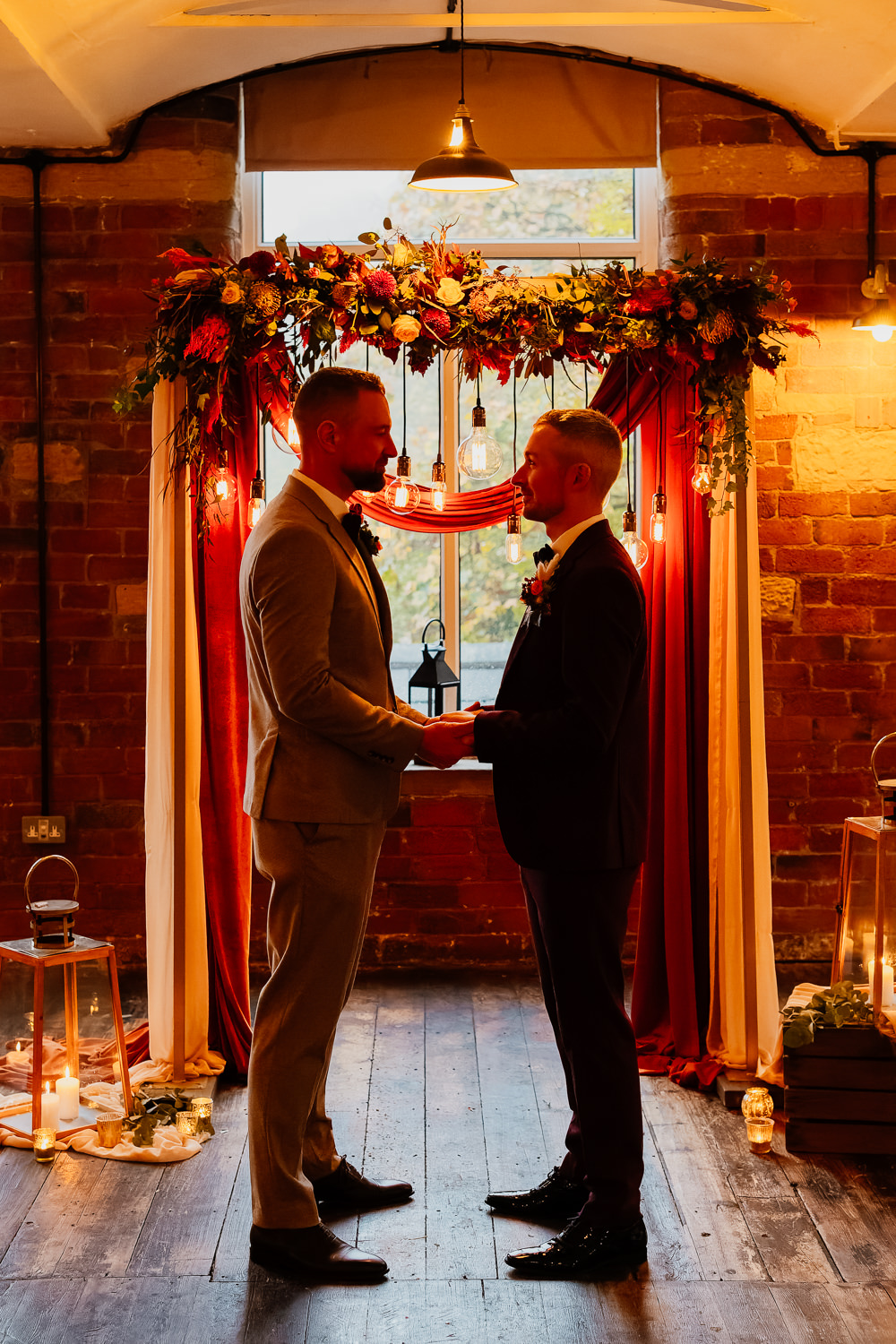 Autumnal Garden Wedding Jenna Kathleen Photographer Backdrop Flowers Drapes Edison Suspended Lights