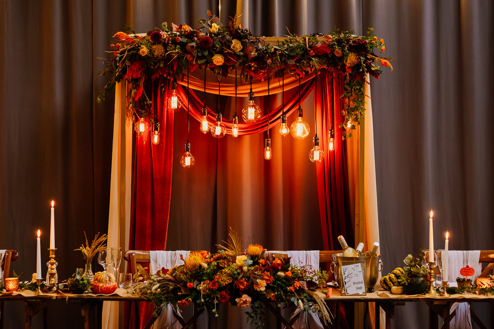 Top Table Backdrop Edison Suspended Lights Decor Autumnal Garden Wedding Jenna Kathleen Photographer