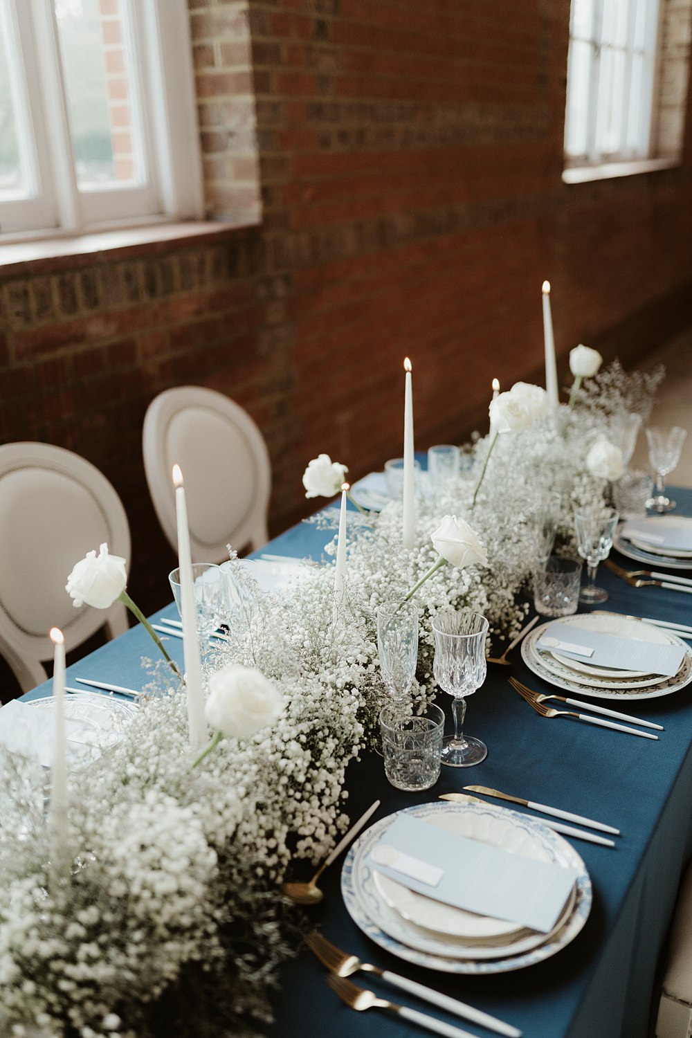 Table Decor Flowers Rose Gypsophila Candles Blue White Wedding Ideas Natalie Silvester Photography