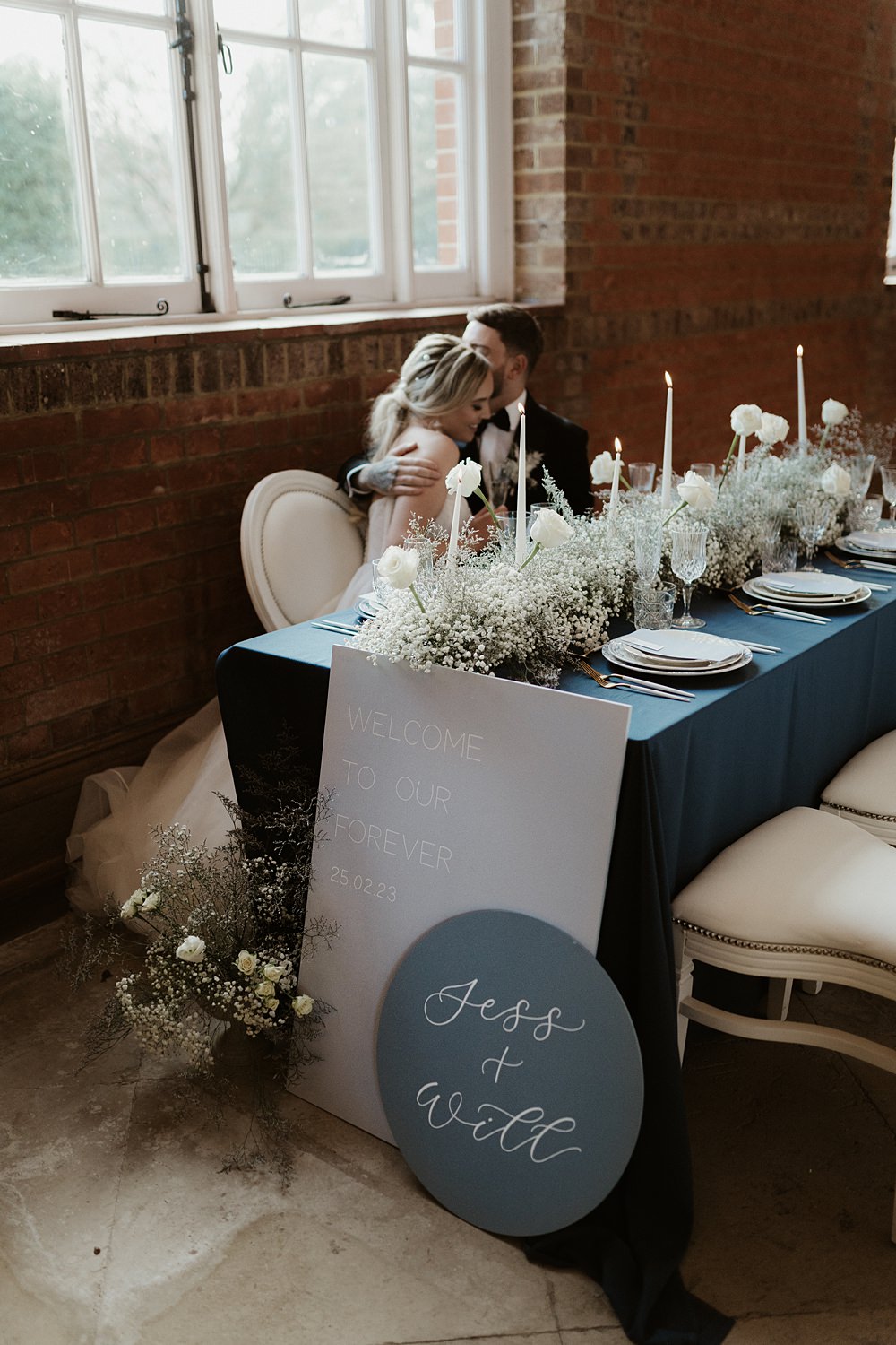 Table Decor Flowers Rose Gypsophila Candles Sign Blue White Wedding Ideas Natalie Silvester Photography