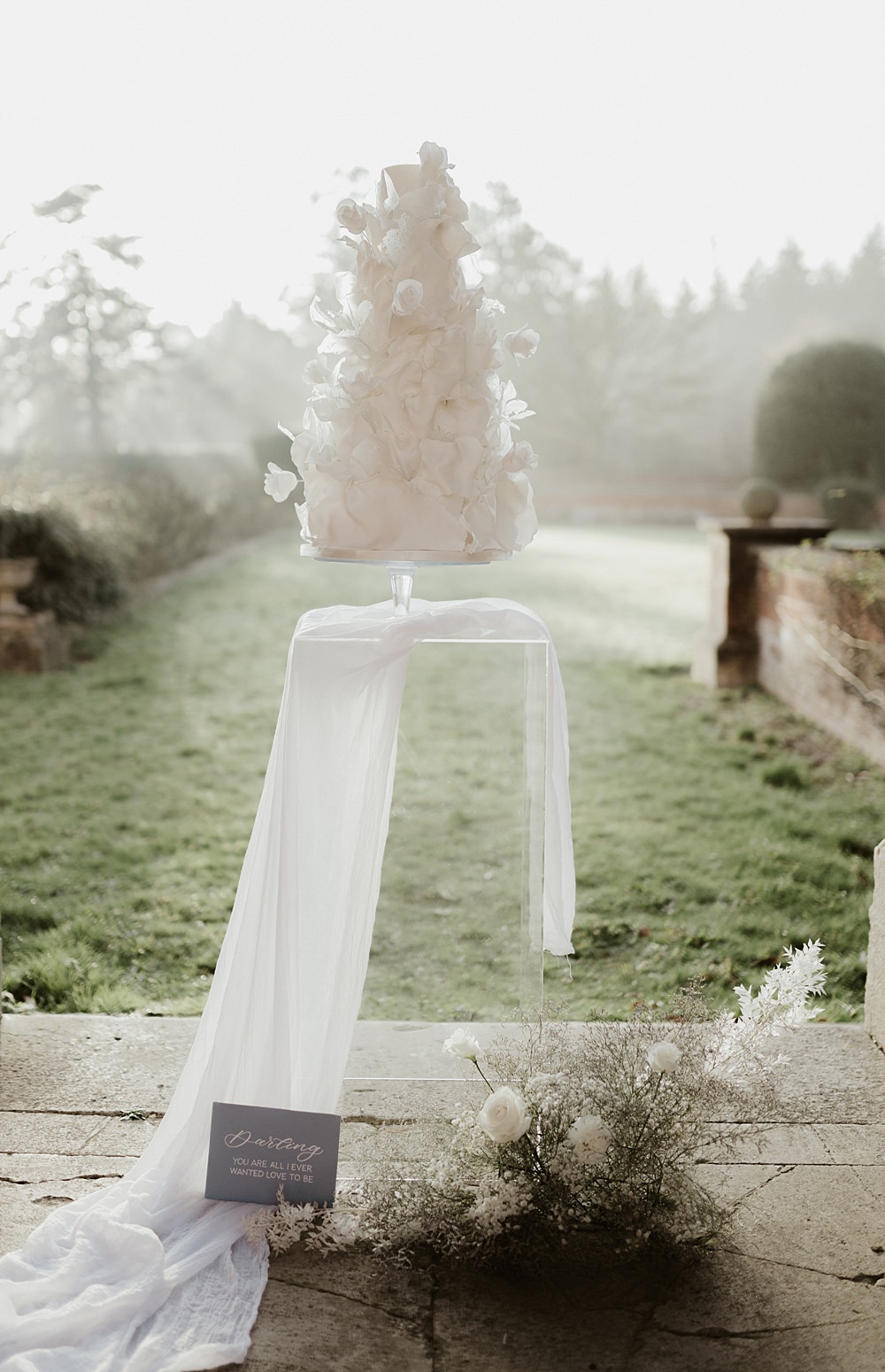 BCake Table Candles Flowers Stand Pillars lue White Wedding Ideas Natalie Silvester Photography