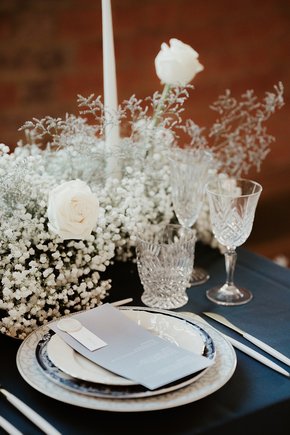 Table Decor Flowers Rose Gypsophila Candles Blue White Wedding Ideas Natalie Silvester Photography