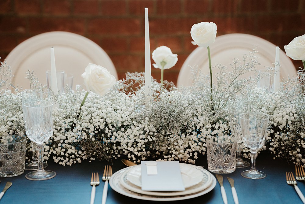 Table Decor Flowers Rose Gypsophila Candles Blue White Wedding Ideas Natalie Silvester Photography