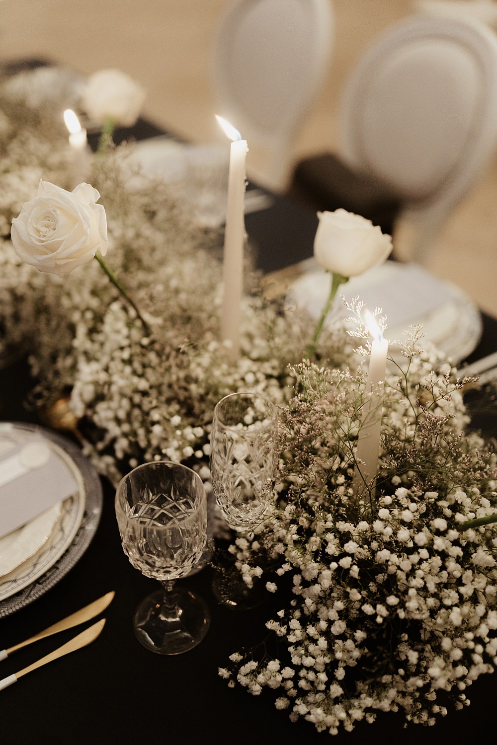 Table Decor Flowers Rose Gypsophila Candles Blue White Wedding Ideas Natalie Silvester Photography