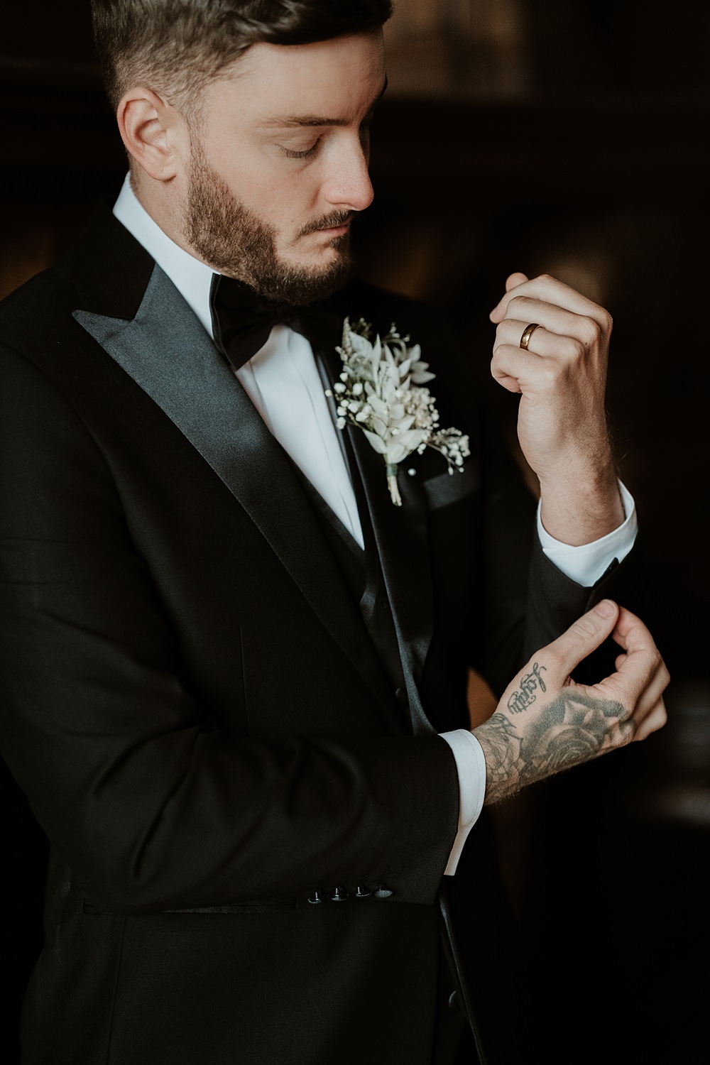 Groom Black Tuxedo Suit Bow Tie Blue White Wedding Ideas Natalie Silvester Photography