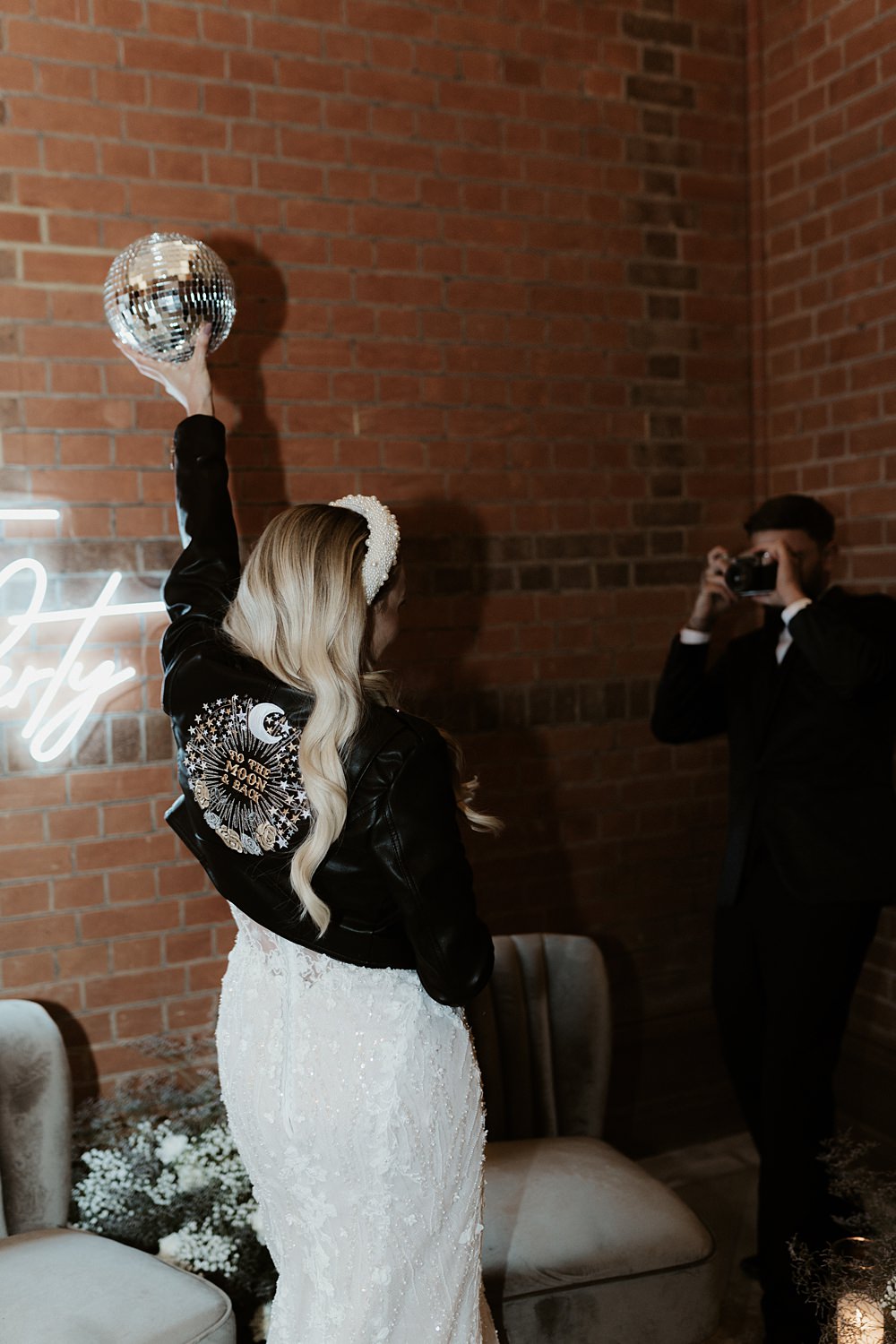 Custom Embroidered Leather Jacket Bride Blue White Wedding Ideas Natalie Silvester Photography