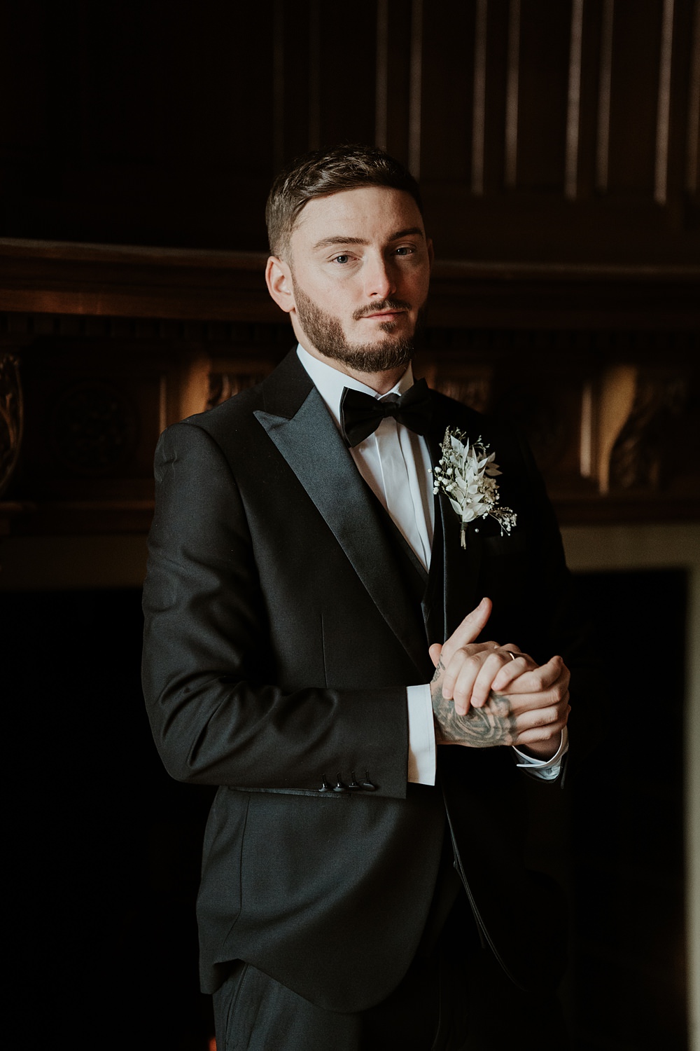 Groom Black Tuxedo Suit Bow Tie Blue White Wedding Ideas Natalie Silvester Photography