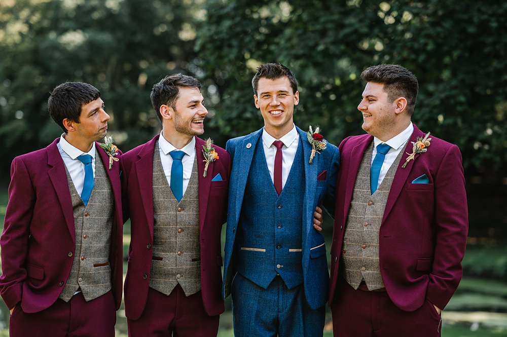 Groom Navy Suit Red Tie Carreglwyd Estate Wedding Amy and Omid Photography