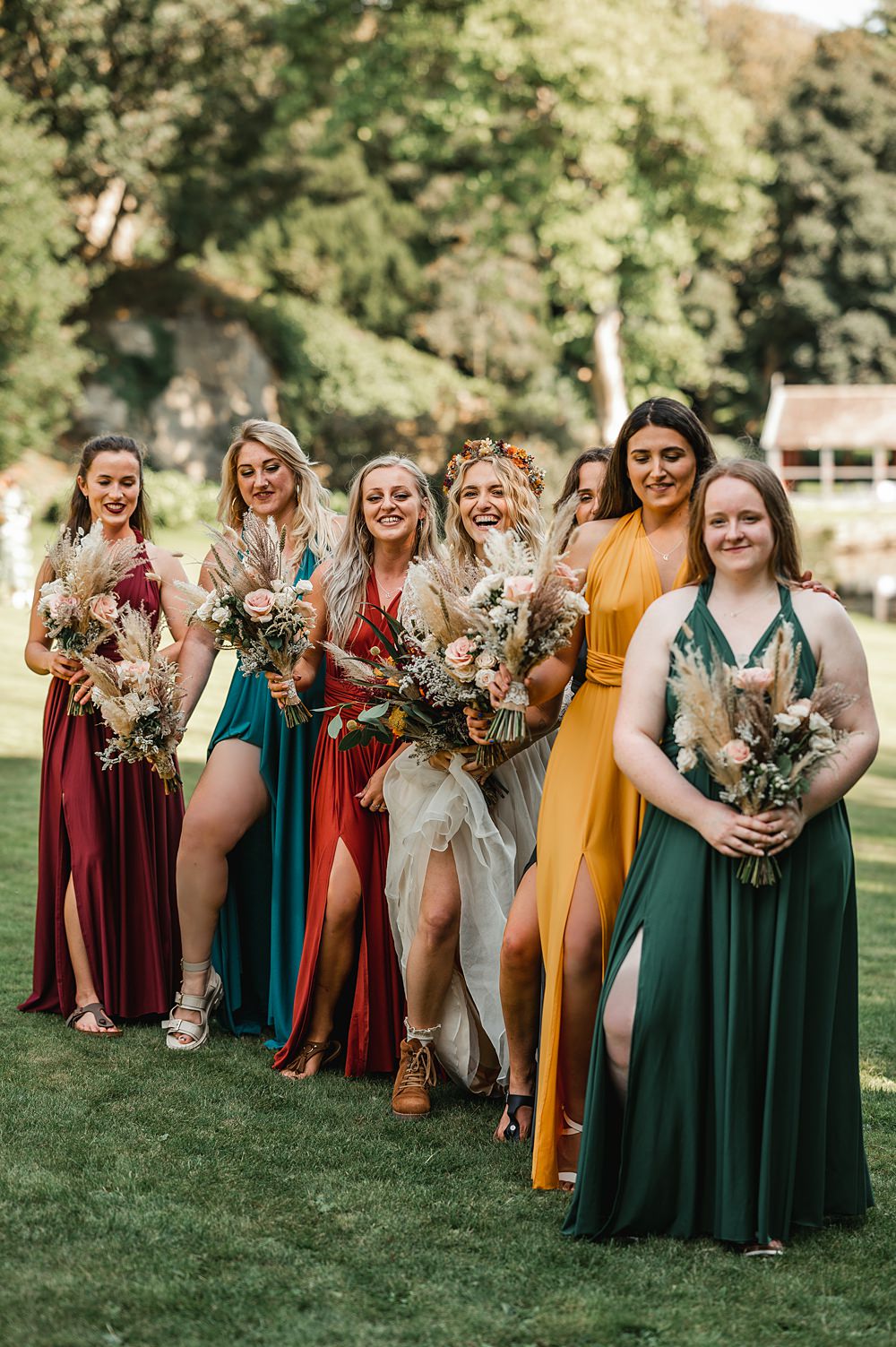 Red Green Yellow Long Bridesmaid Dresses Carreglwyd Estate Wedding Amy and Omid Photography
