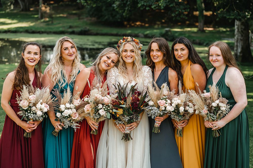 Red Green Yellow Long Bridesmaid Dresses Carreglwyd Estate Wedding Amy and Omid Photography