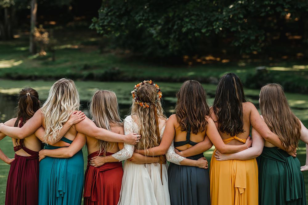 Red Green Yellow Long Bridesmaid Dresses Carreglwyd Estate Wedding Amy and Omid Photography