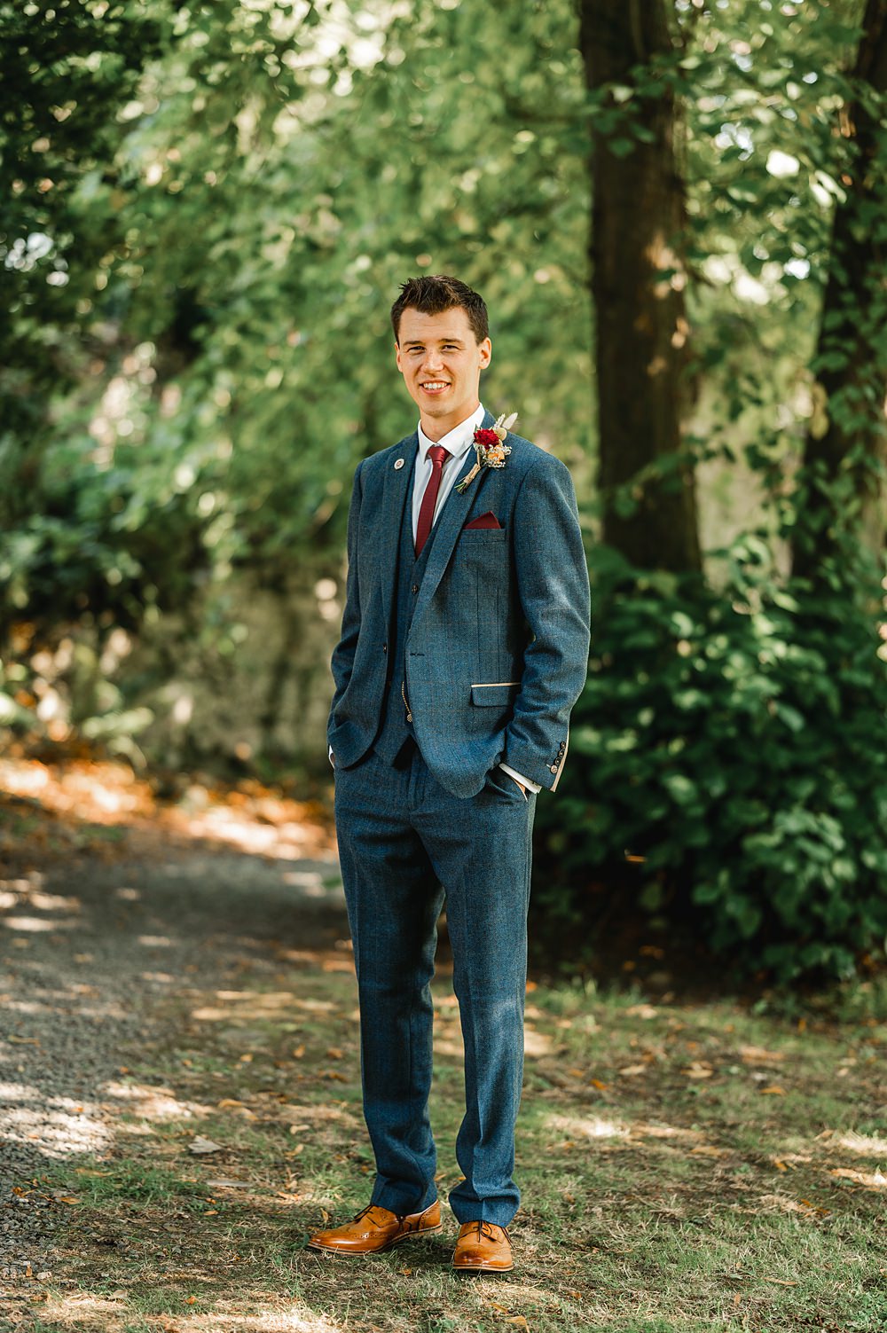 Groom Navy Suit Red Tie Carreglwyd Estate Wedding Amy and Omid Photography