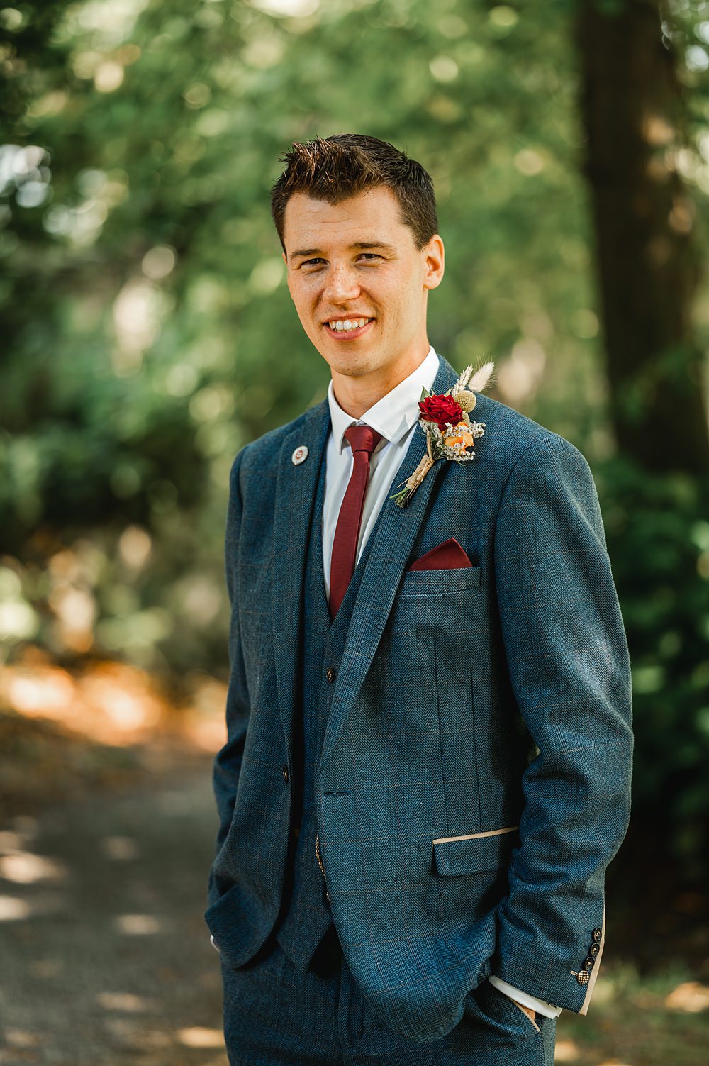 Groom Navy Suit Red Tie Carreglwyd Estate Wedding Amy and Omid Photography