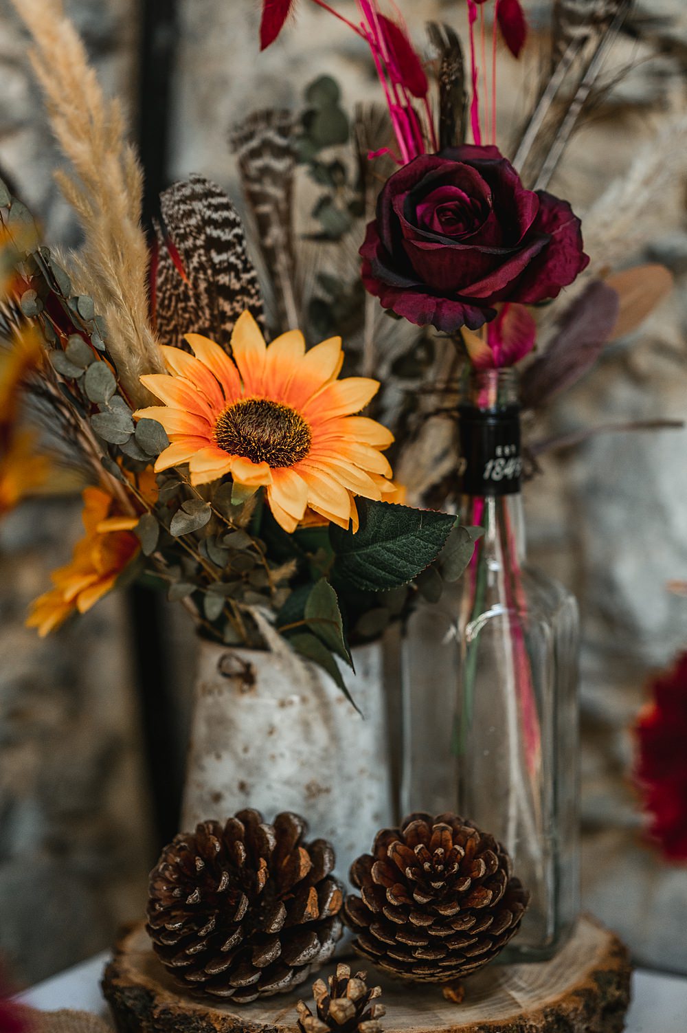 Flowers Pine Cones Yellow Red Carreglwyd Estate Wedding Amy and Omid Photography