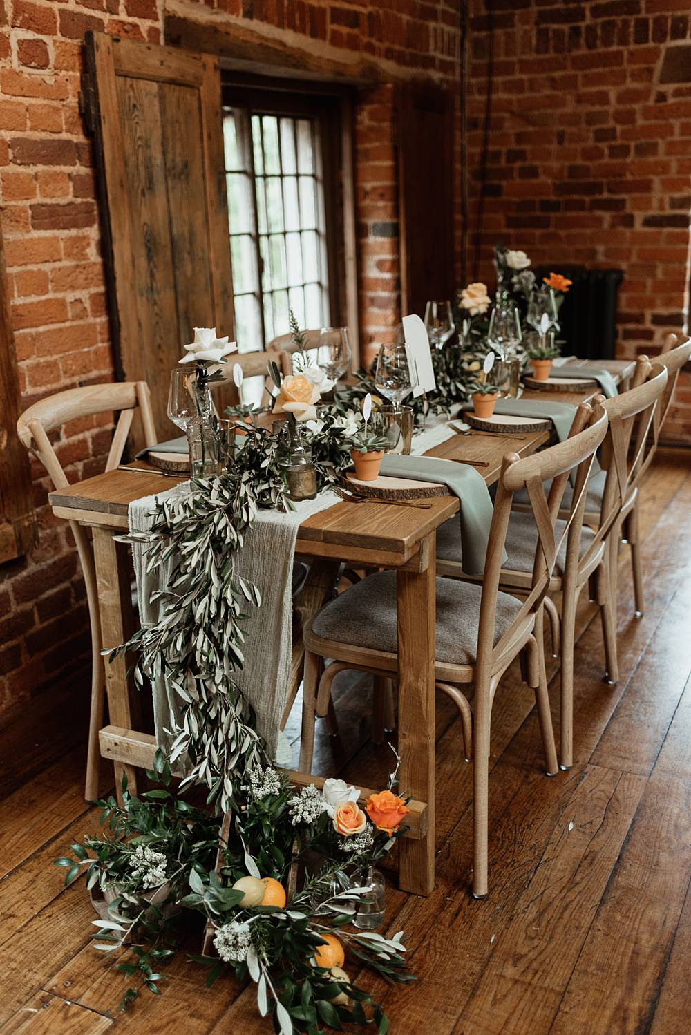 Table Decor Greenery Olive Runner Orange Flowers Sage Green Cloth Coach House Soughton Hall Wedding Ideas Sara Ribera Photography