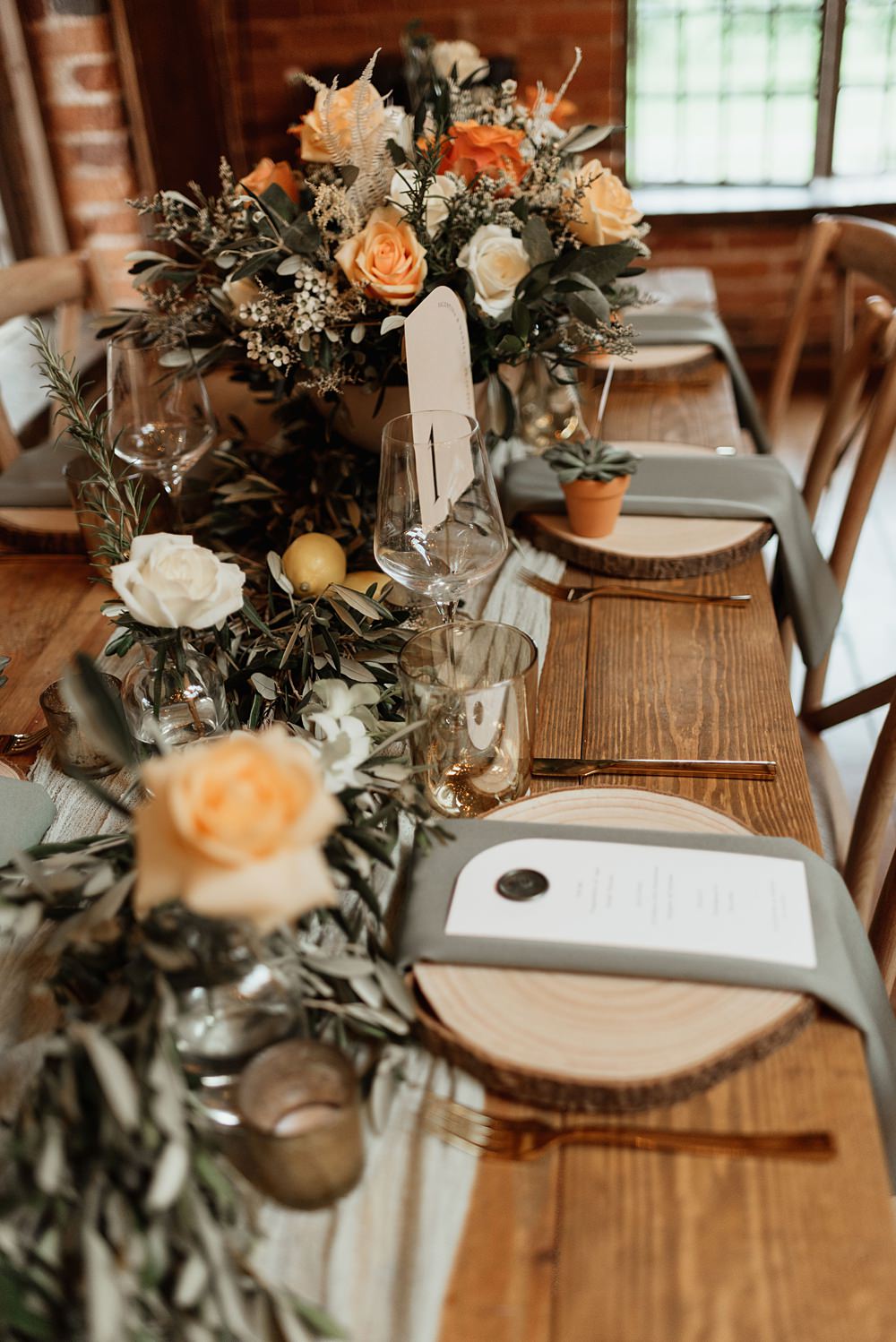 Table Decor Greenery Olive Runner Orange Flowers Sage Green Cloth Coach House Soughton Hall Wedding Ideas Sara Ribera Photography